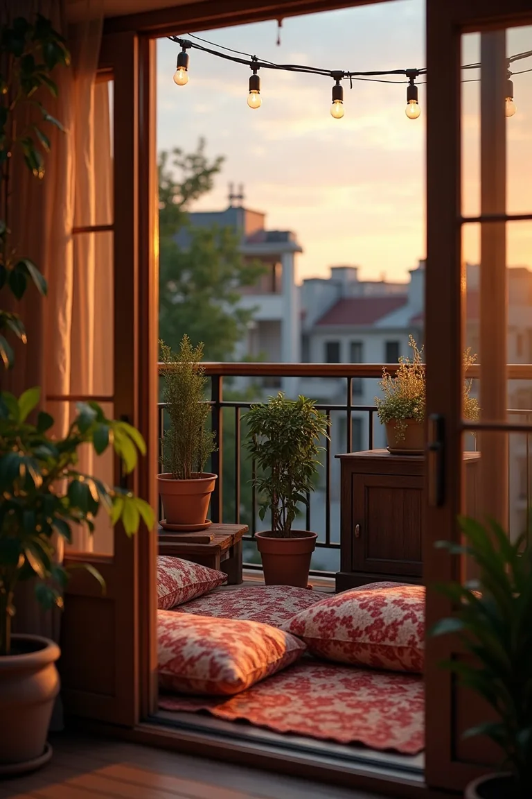 boho apartment balcony with string lights and floor cushions