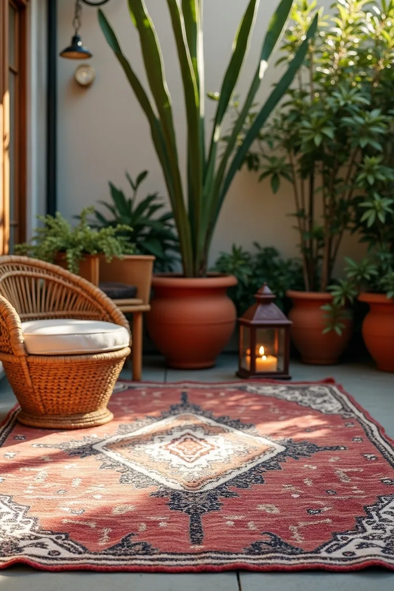 Moroccan patterned rug on small patio with terracotta pot and candle
