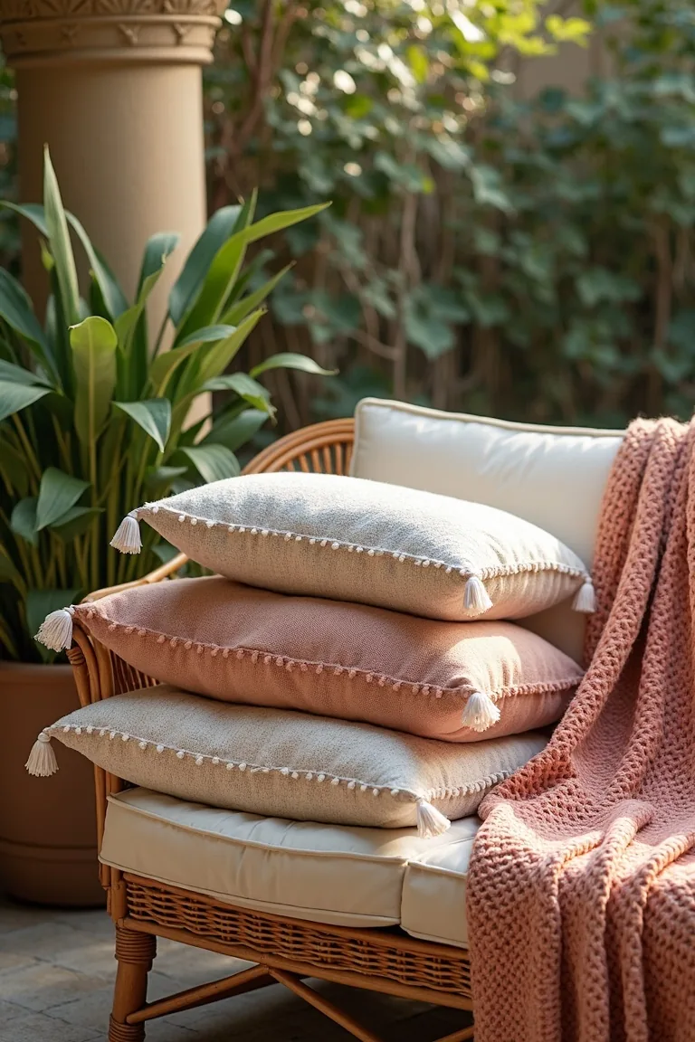 boho patio corner with tasseled throw pillows and macrame blanket