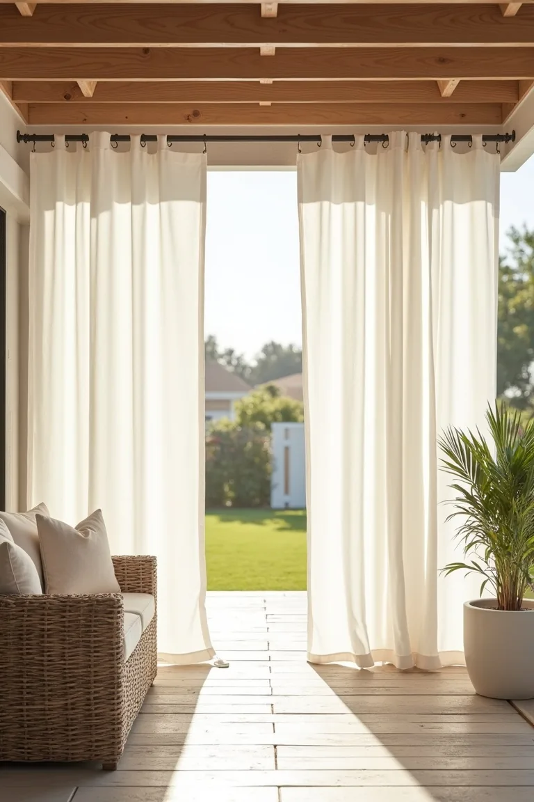 Flowing white linen curtains on coastal wooden pergola patio