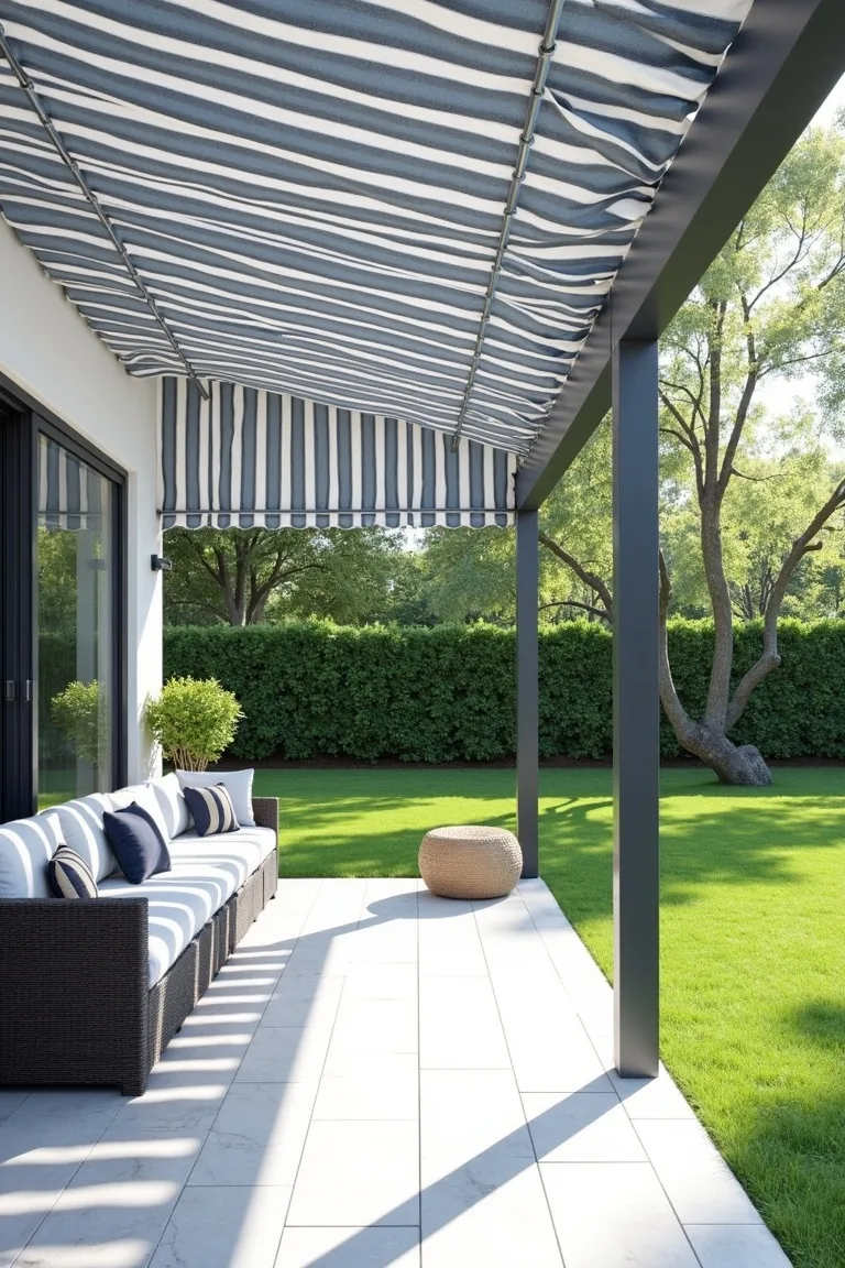 Navy and white striped outdoor curtains on modern pergola