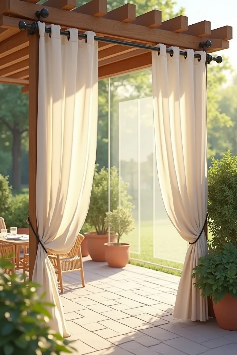 Sheer cream outdoor curtains with tiebacks on garden pergola