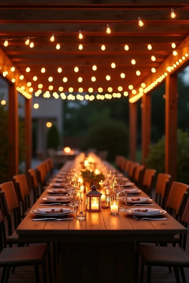 Outdoor dining area under pergola with warm Edison string lights at evening