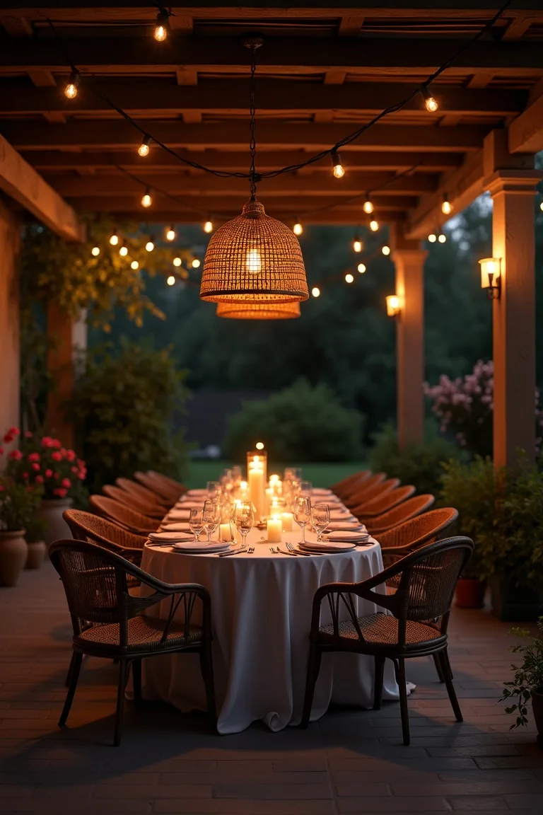 Romantic covered patio dining with pendant chandelier and candles
