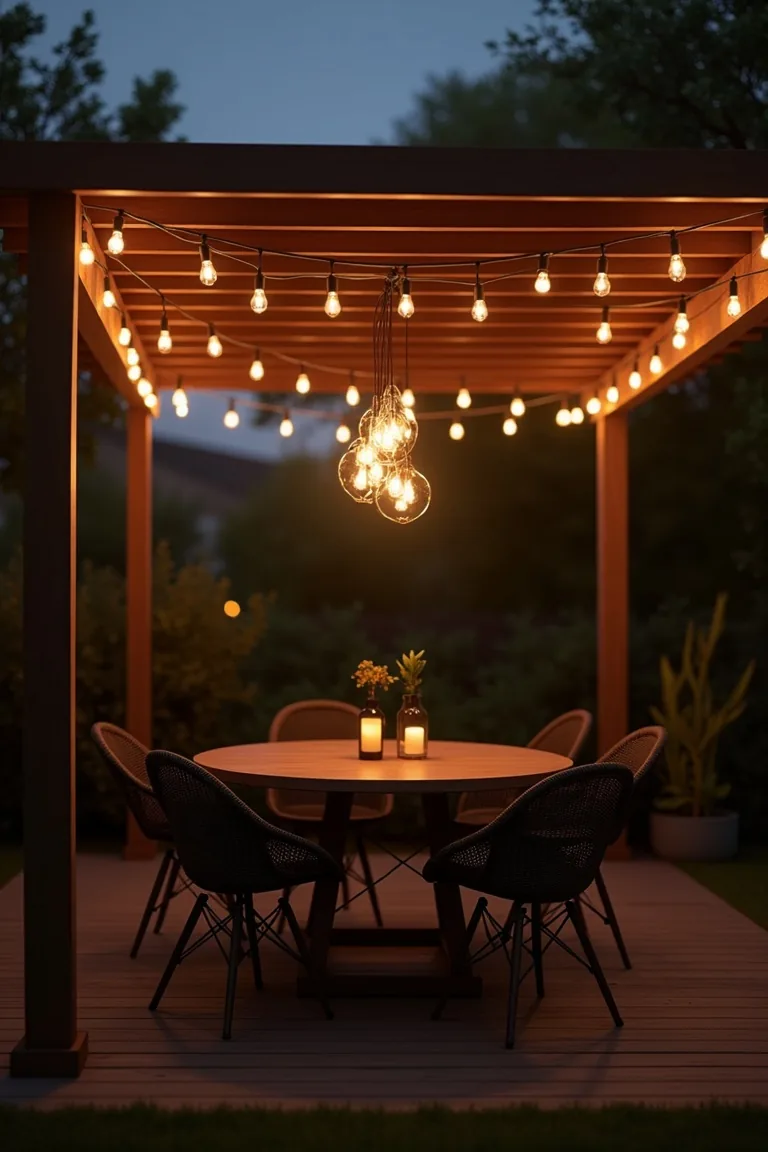 Modern pergola with Edison bulb string lights over round outdoor dining table