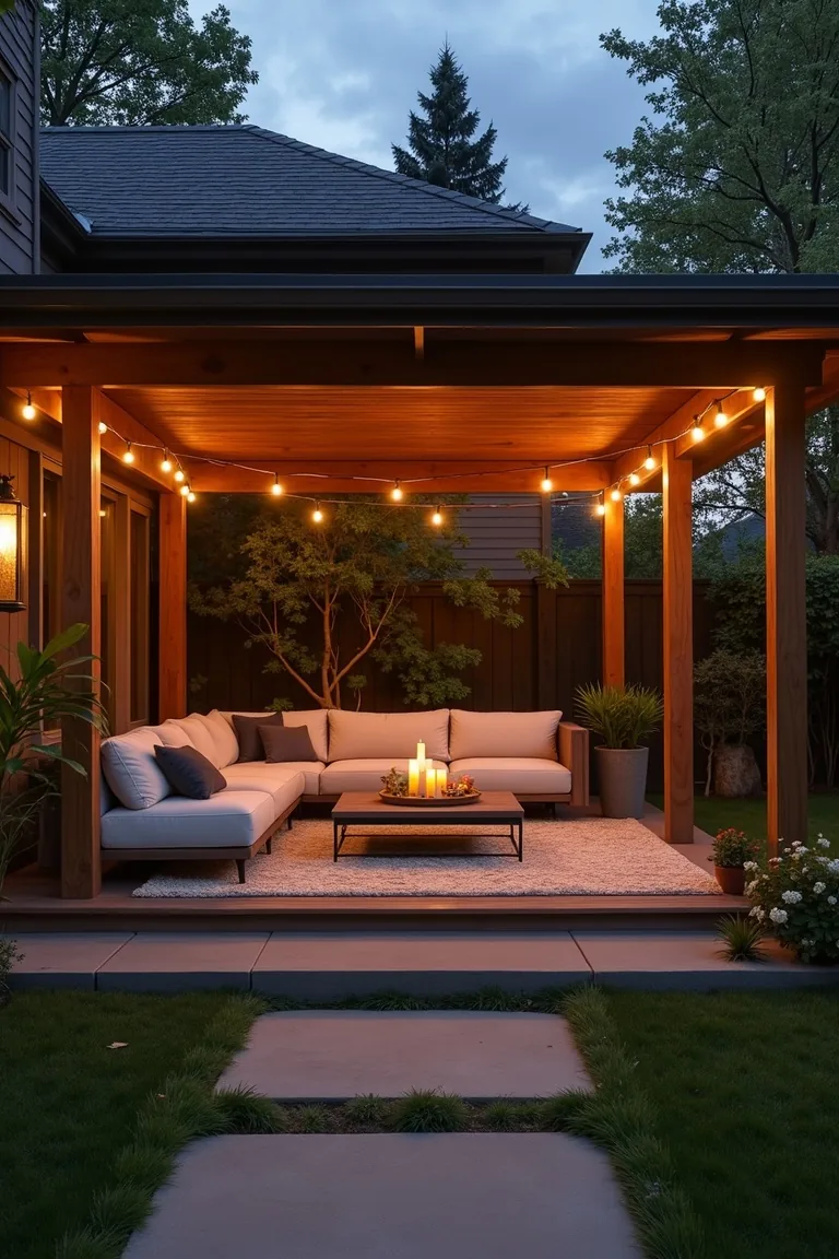 Permanent covered outdoor living room with solid wood roof and sectional sofa