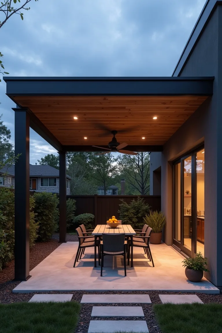 Modern aluminum solid roof covered patio with ceiling fan and recessed lights