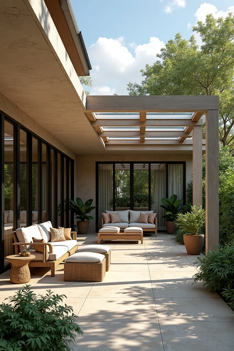 Outdoor living area with solid pergola roof and skylight panels