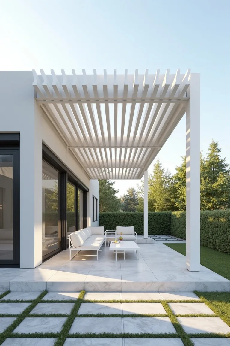 Modern aluminum pergola with adjustable louver slats over contemporary patio