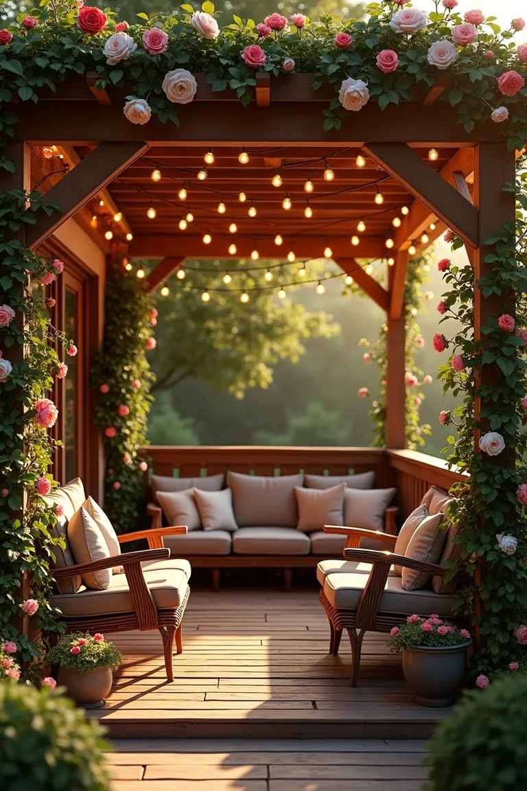 Rustic cedar pergola with climbing roses and string lights over outdoor seating