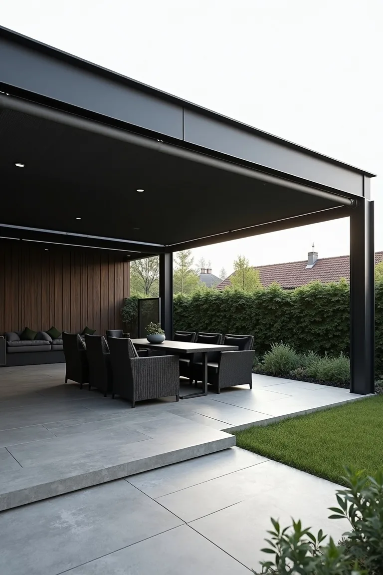 Elegant black steel pergola with minimalist outdoor patio furniture