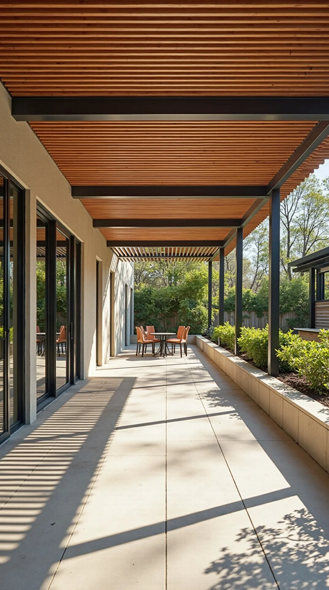 Modern covered patio with horizontal wooden slatted roof casting parallel shadow stripes, no people