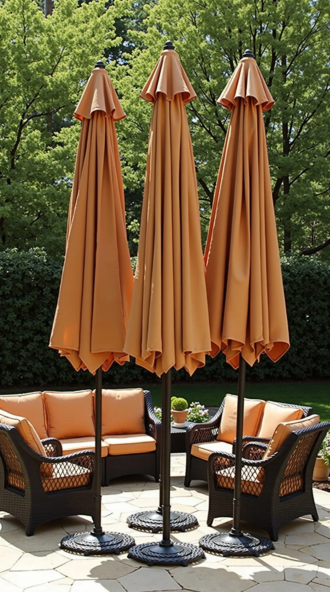 Three large outdoor umbrellas in warm neutral tones anchored on a sunny stone patio with matching furniture