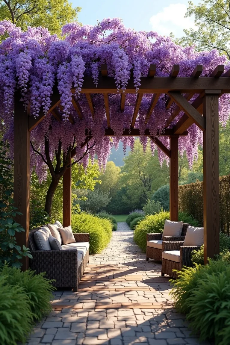Purple wisteria blooms covering wooden pergola over patio furniture