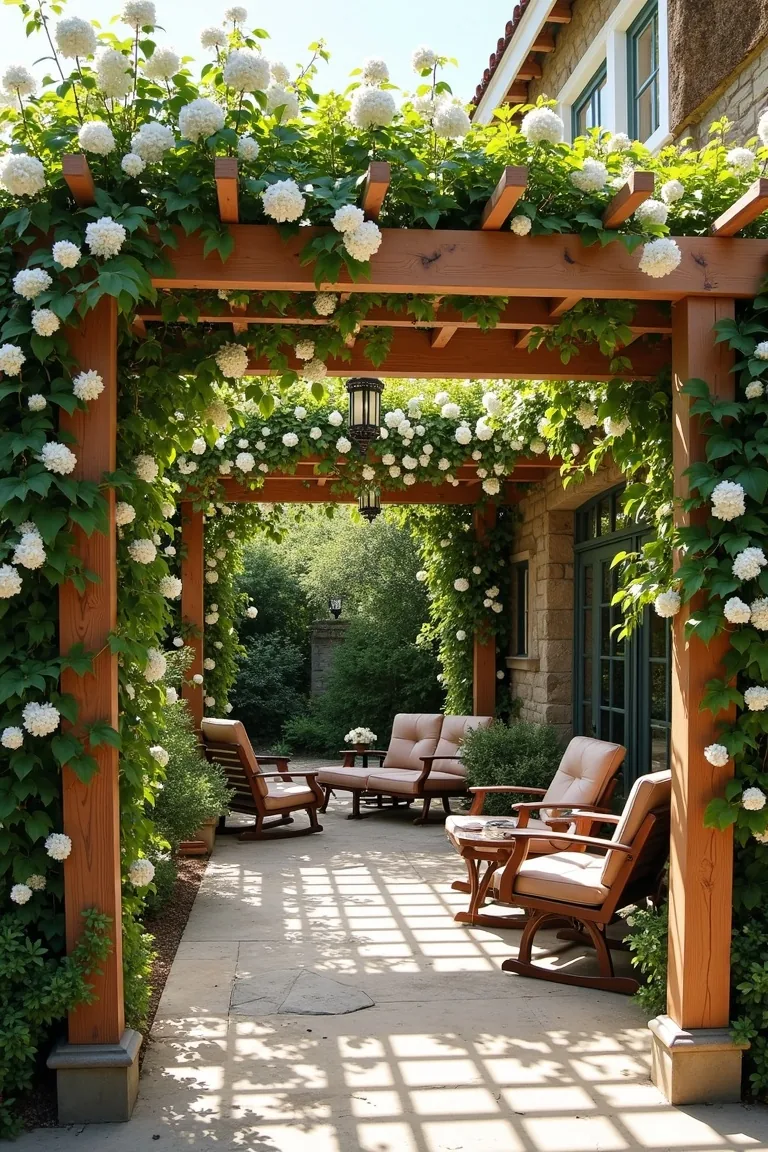 Star jasmine vines in full white bloom on cedar pergola