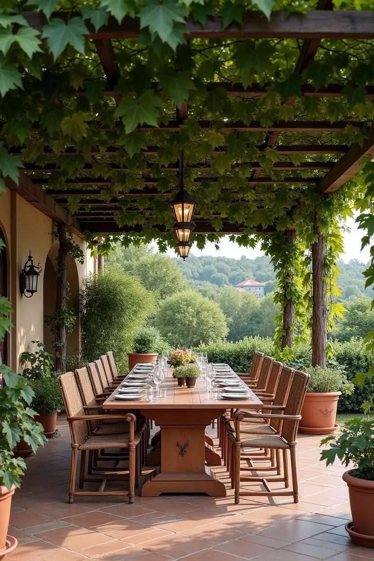 Thick grapevines providing dense natural shade over Mediterranean patio