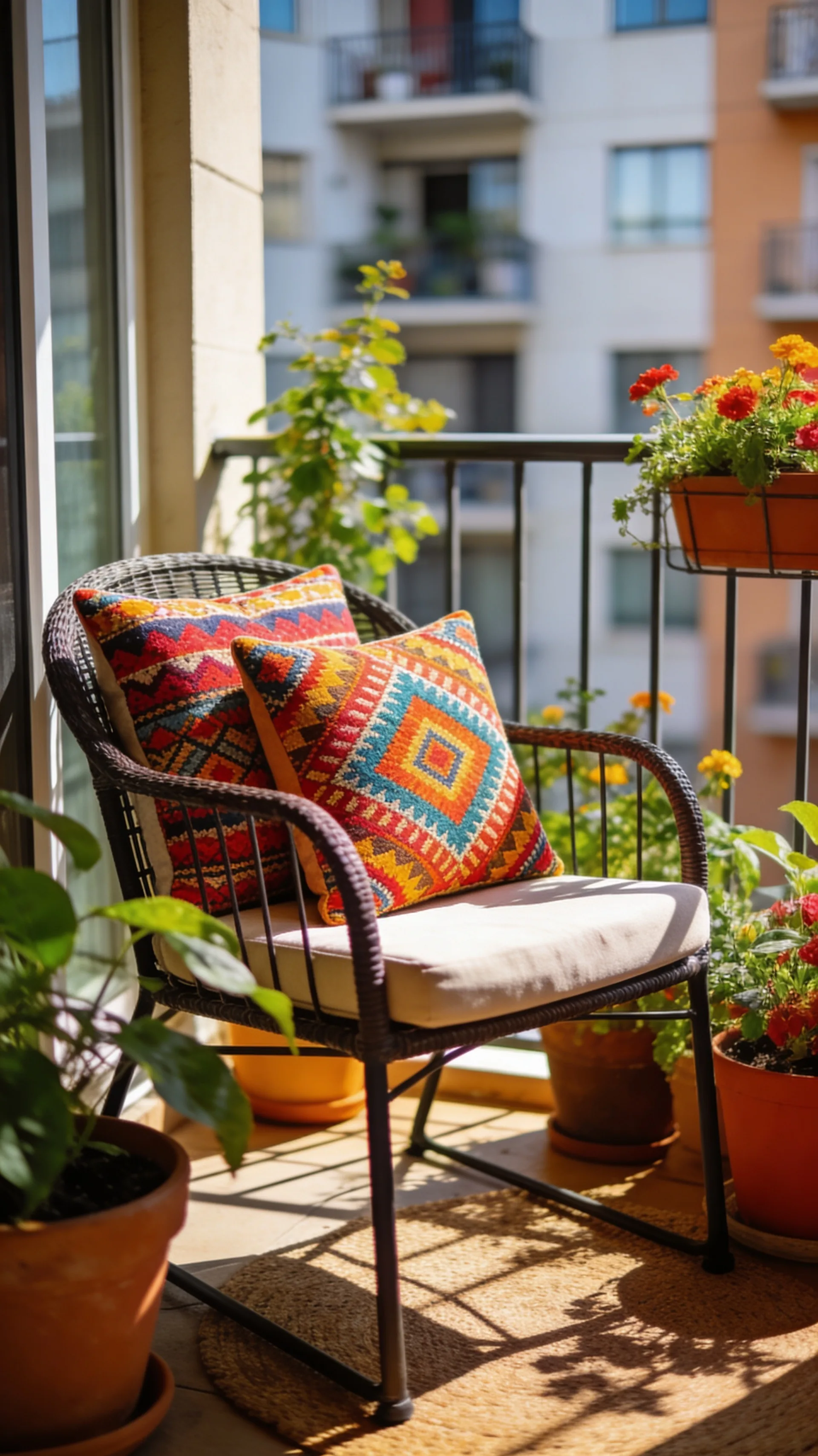 patterned outdoor pillow covers on apartment patio