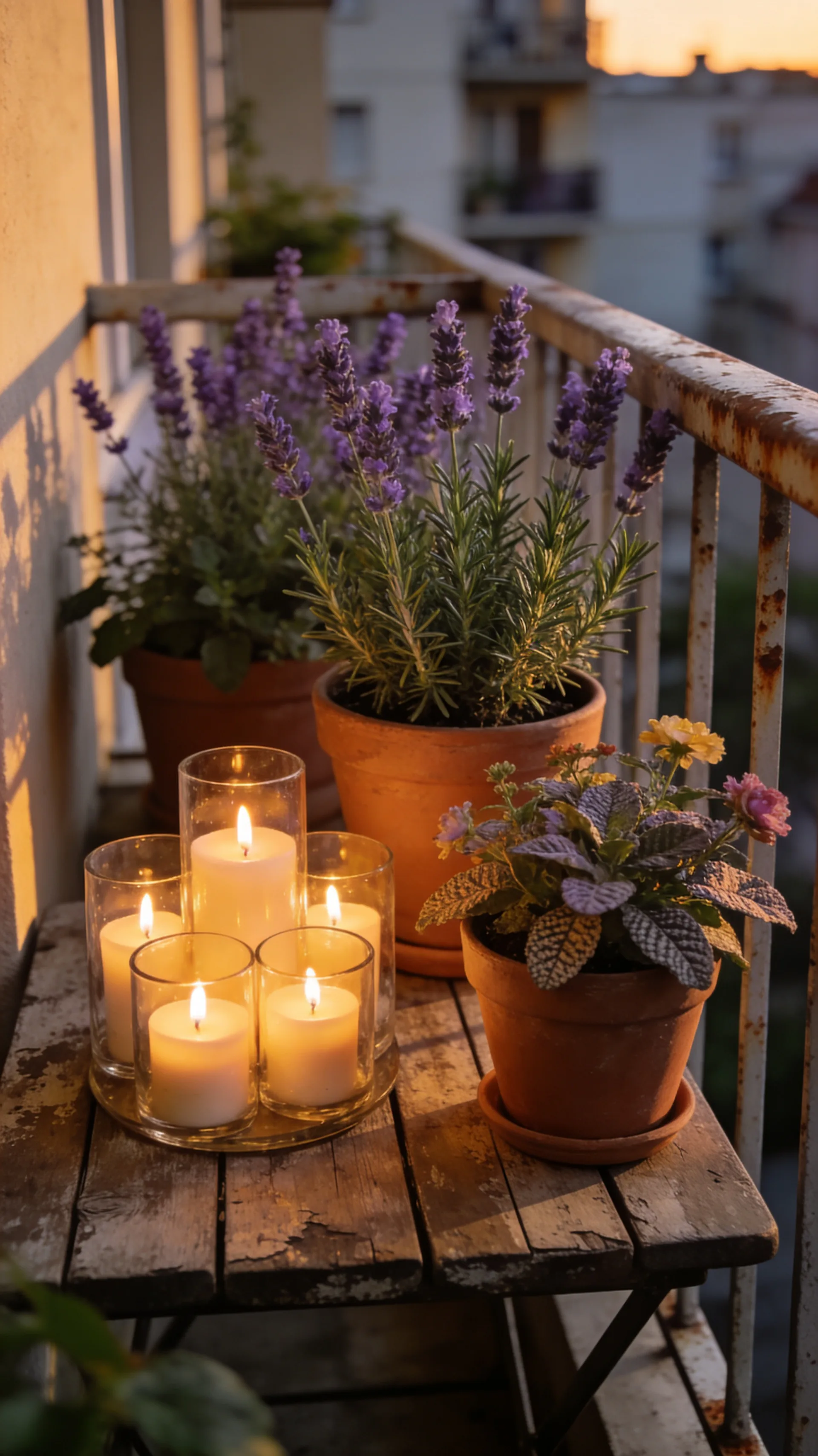 scented plants and candles on apartment patio
