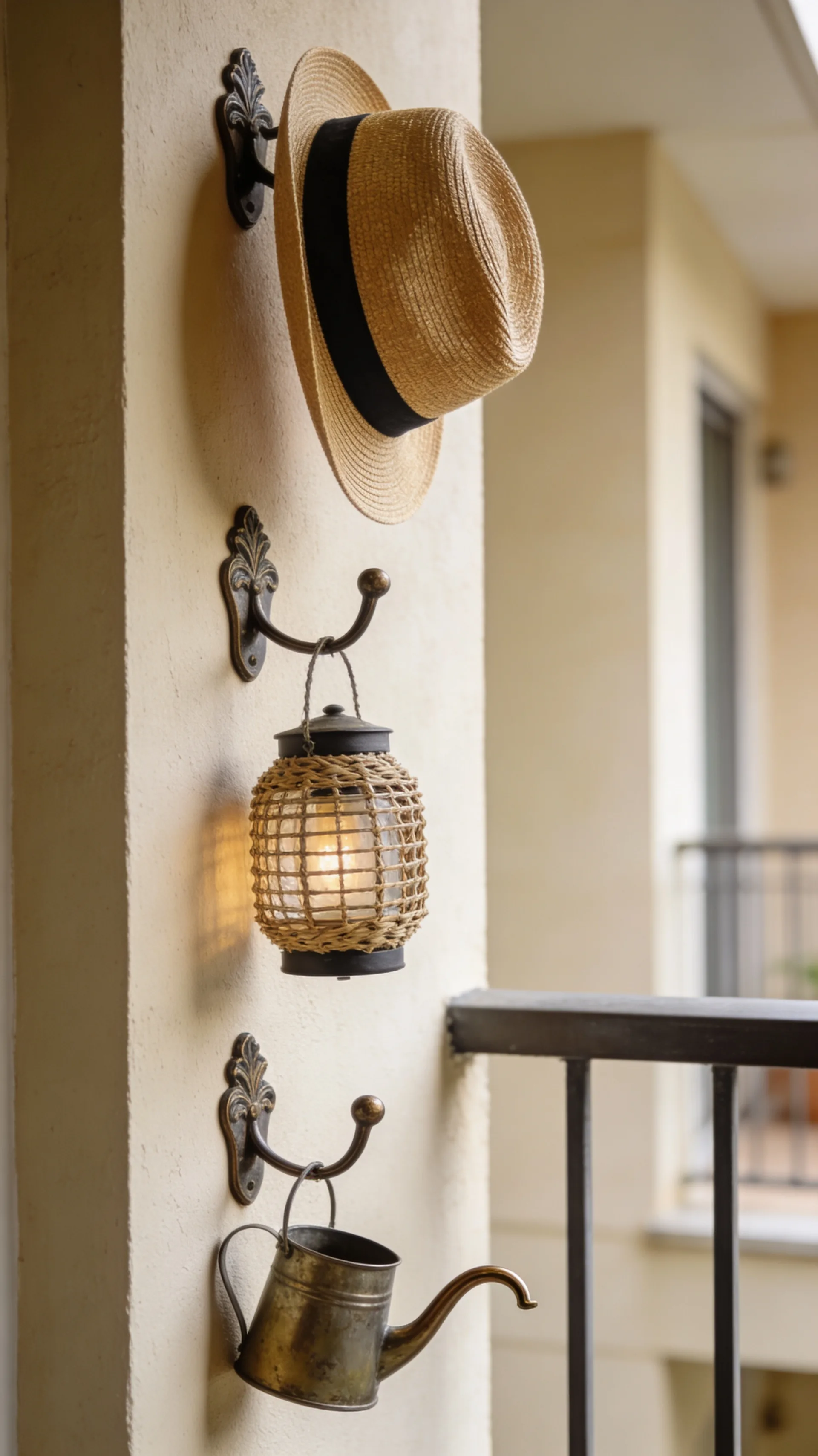 artful hooks with lantern and hat on apartment patio wall