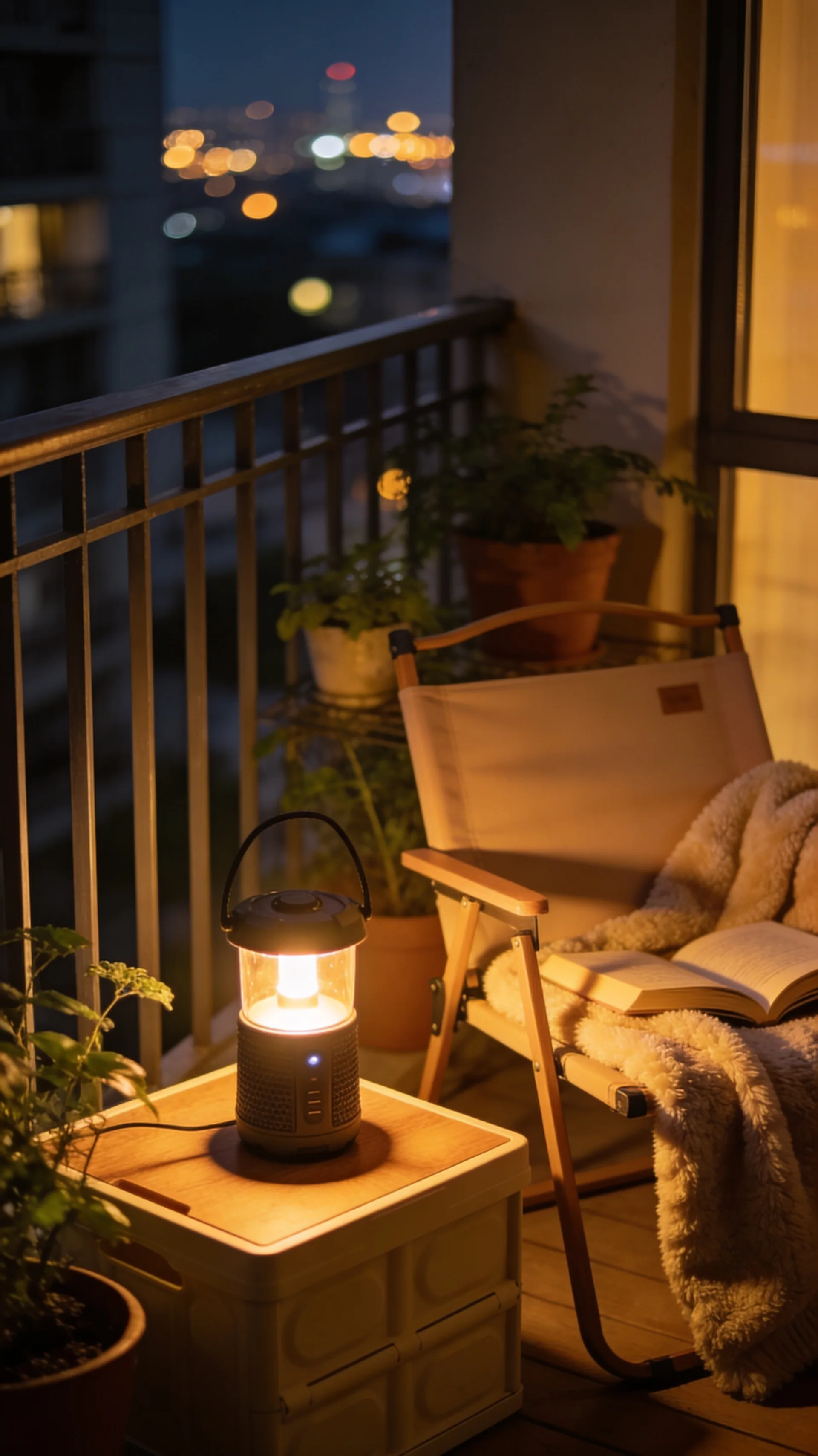 rechargeable lamp and side table on apartment balcony