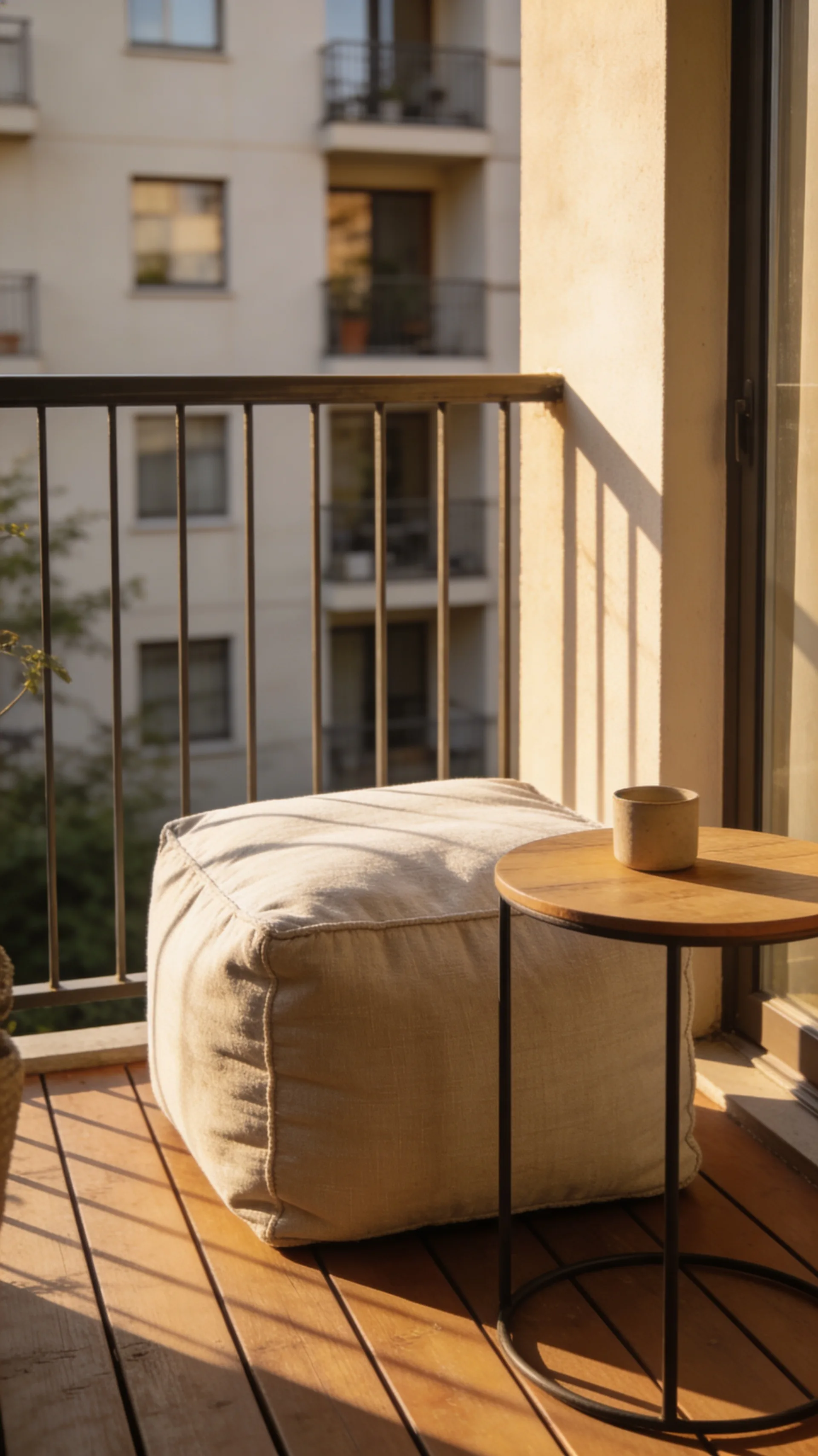 compact outdoor pouf on cozy apartment balcony
