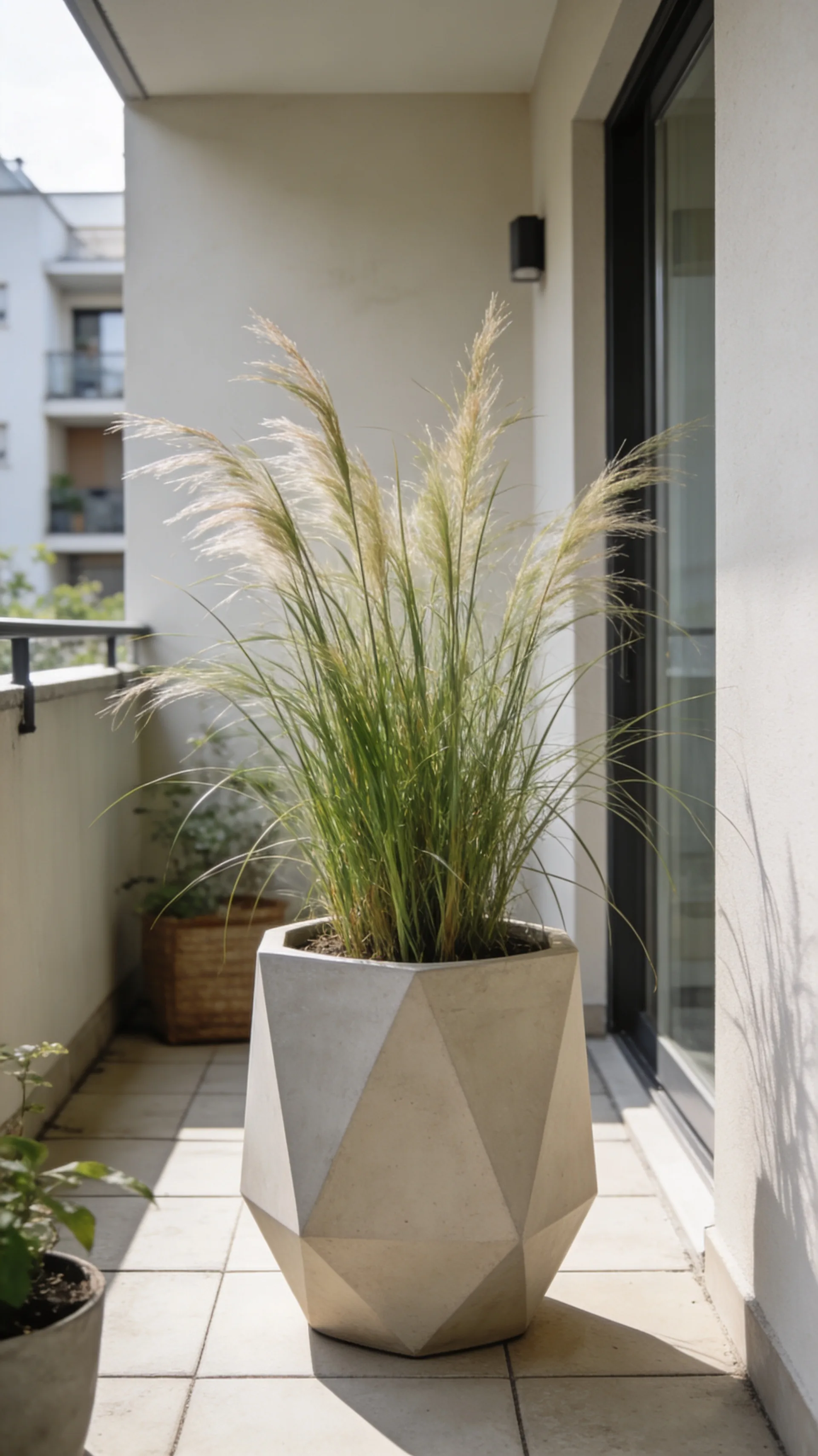 statement planter as focal point on apartment patio