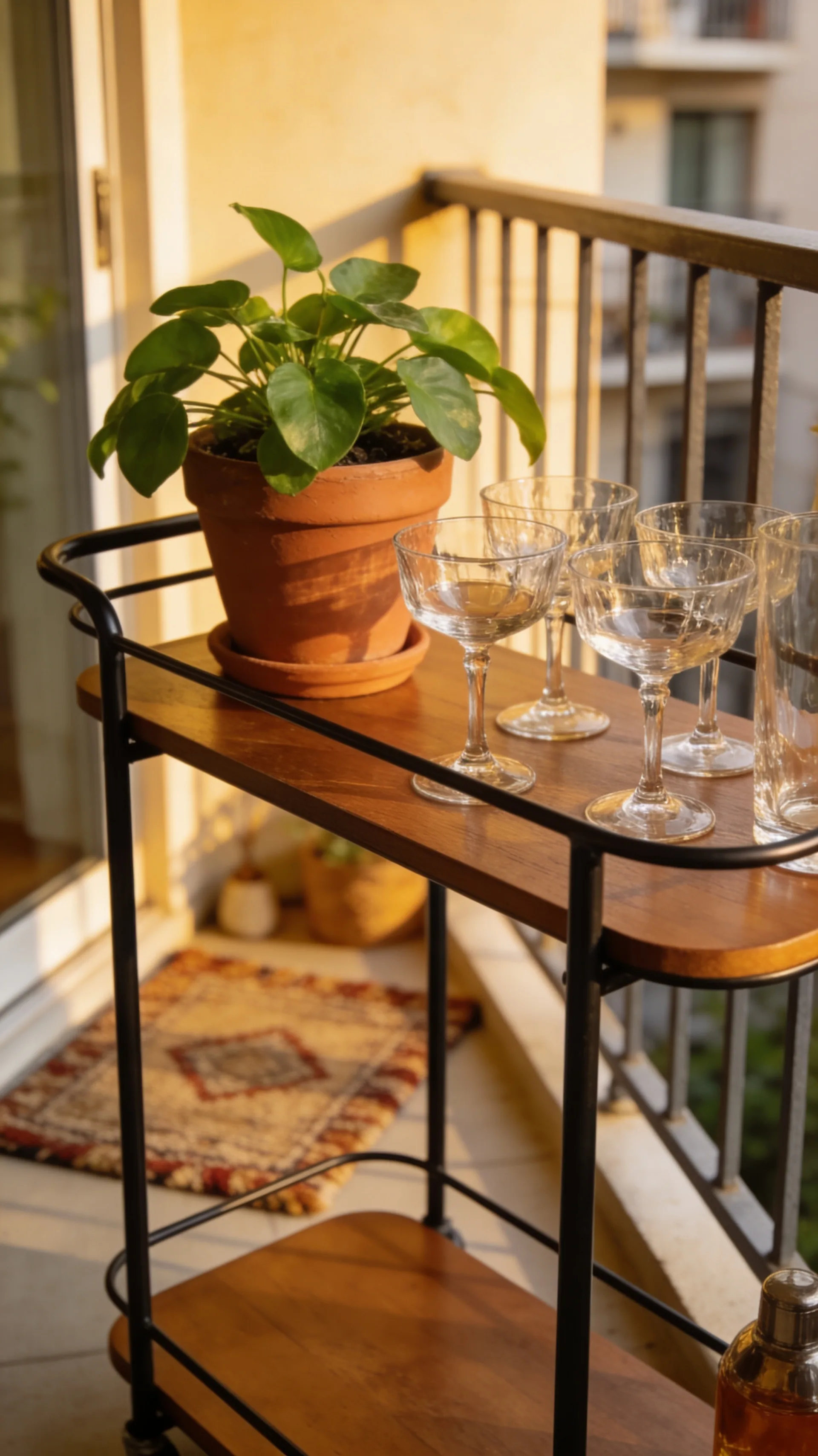 slim bar cart on small apartment patio