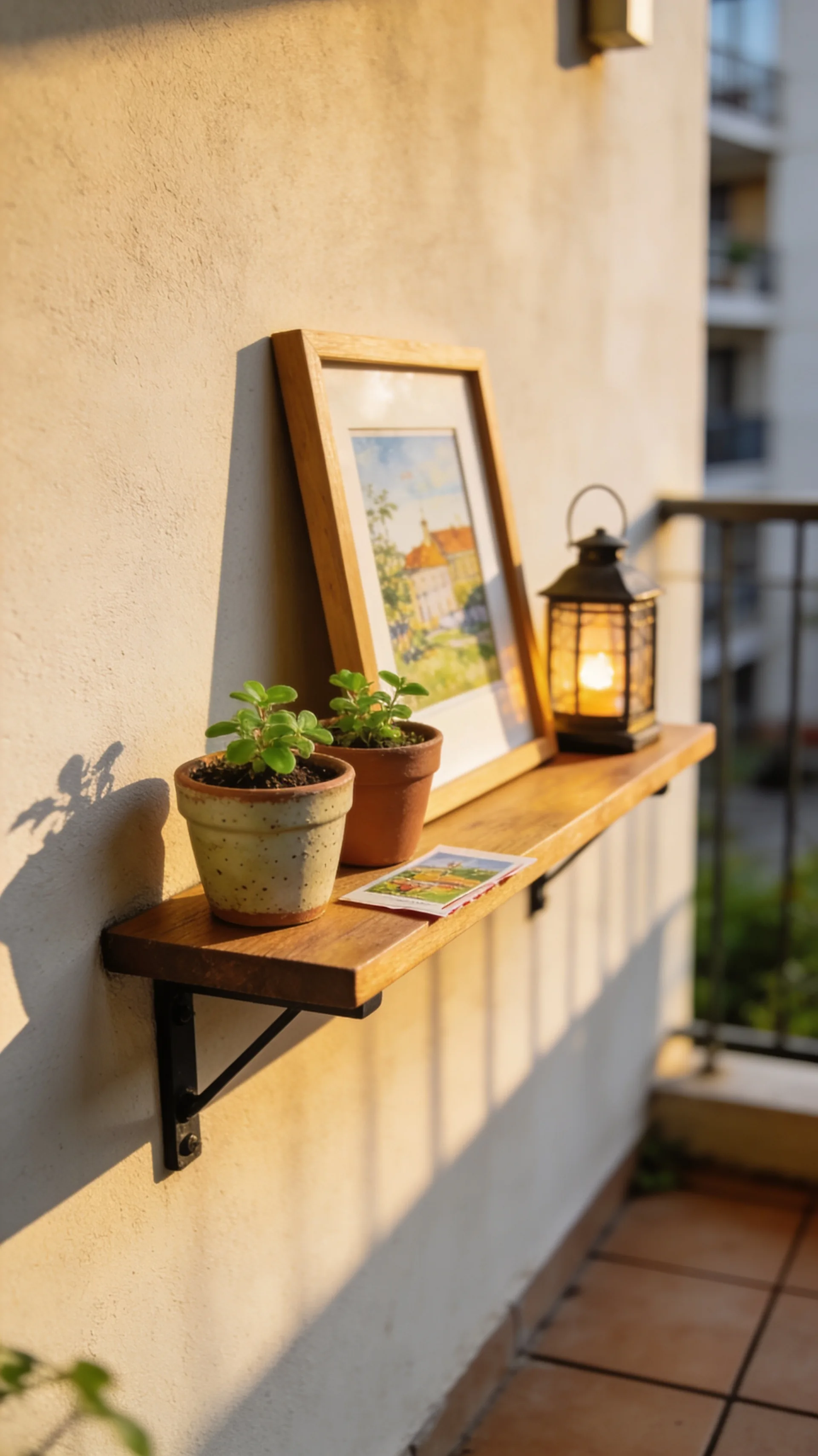 tiny gallery shelf on apartment patio wall