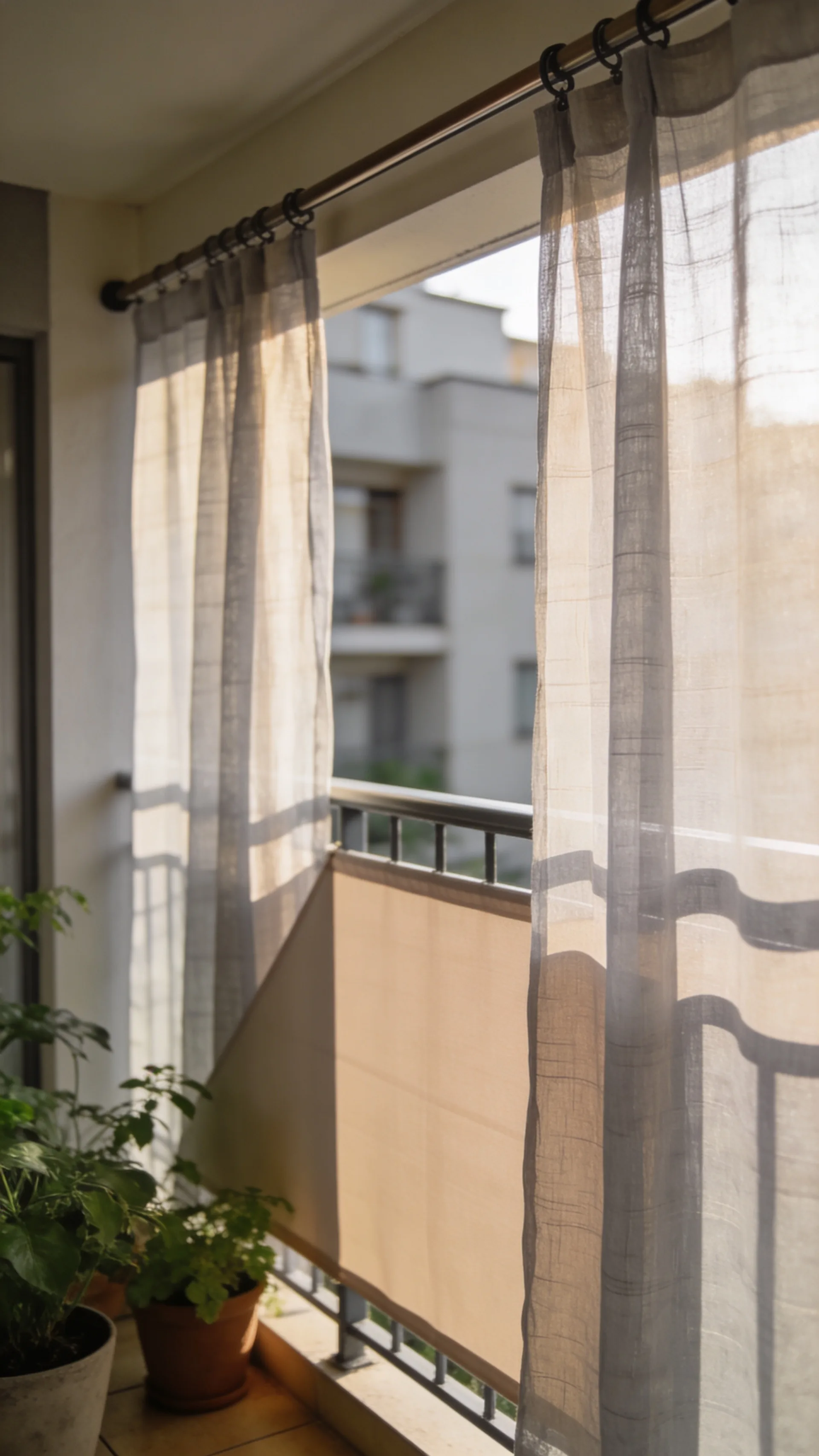 tension rod curtain for privacy on apartment balcony