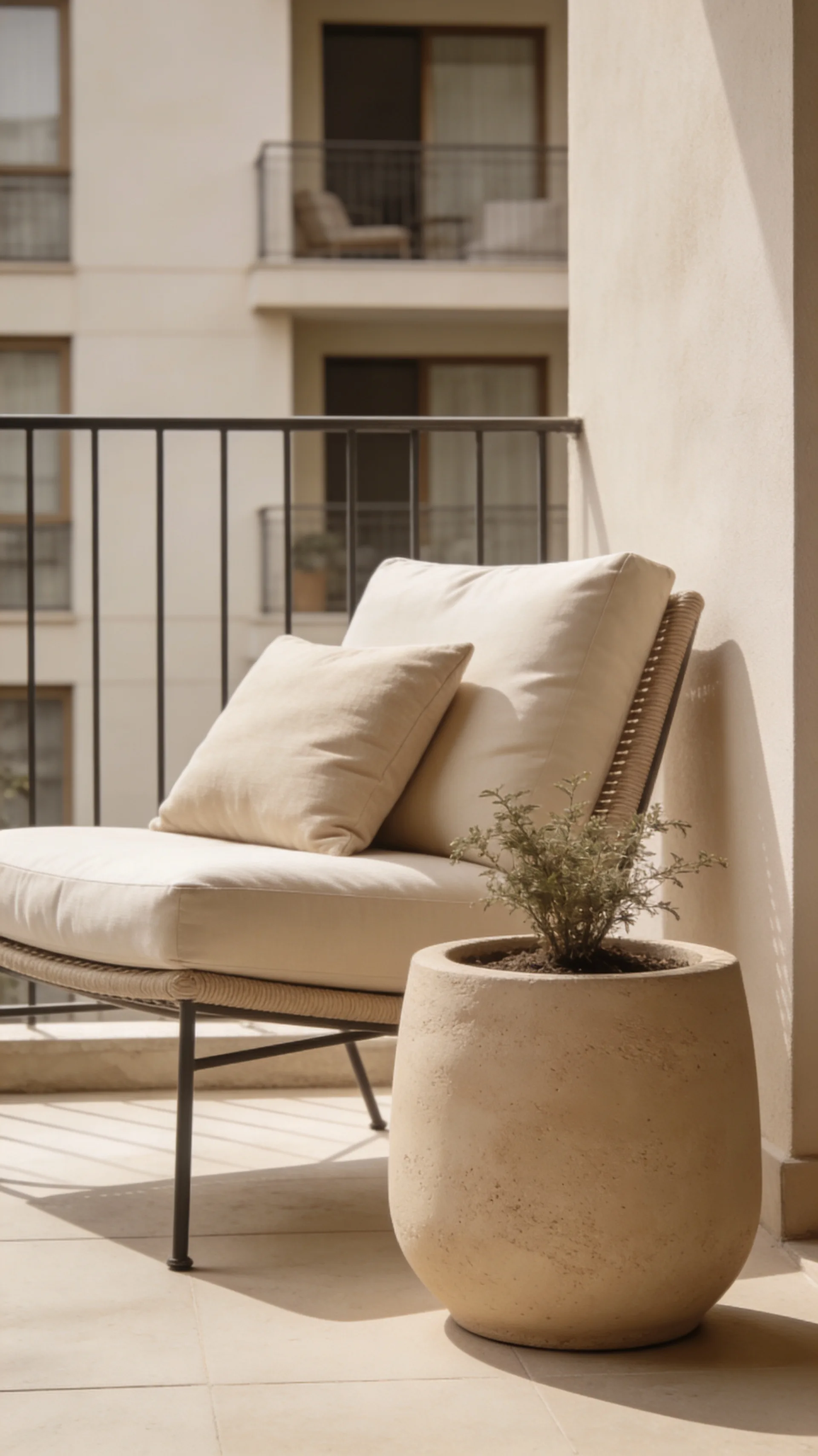 monochrome styled apartment patio on a budget