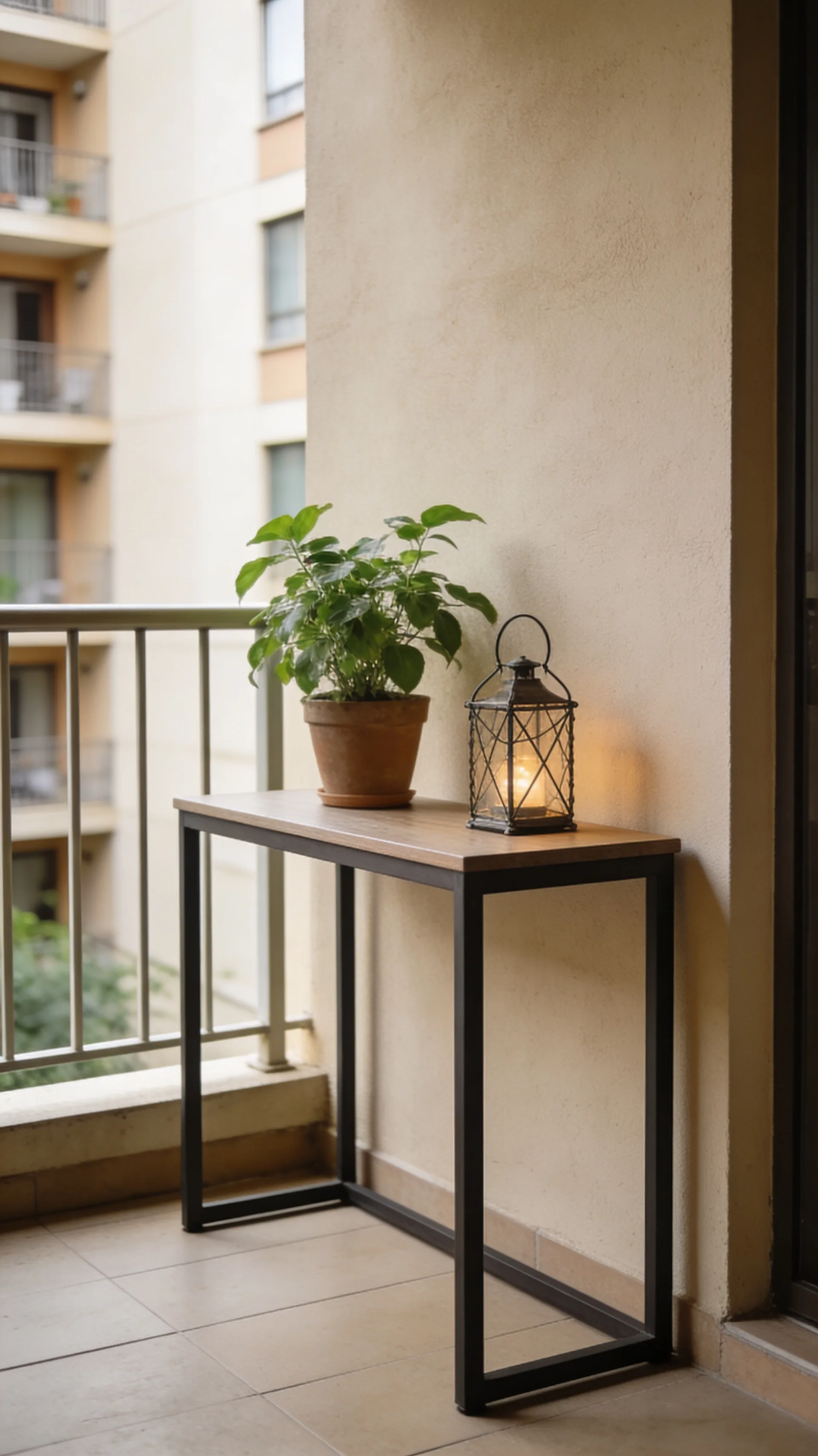 narrow console table on small apartment patio