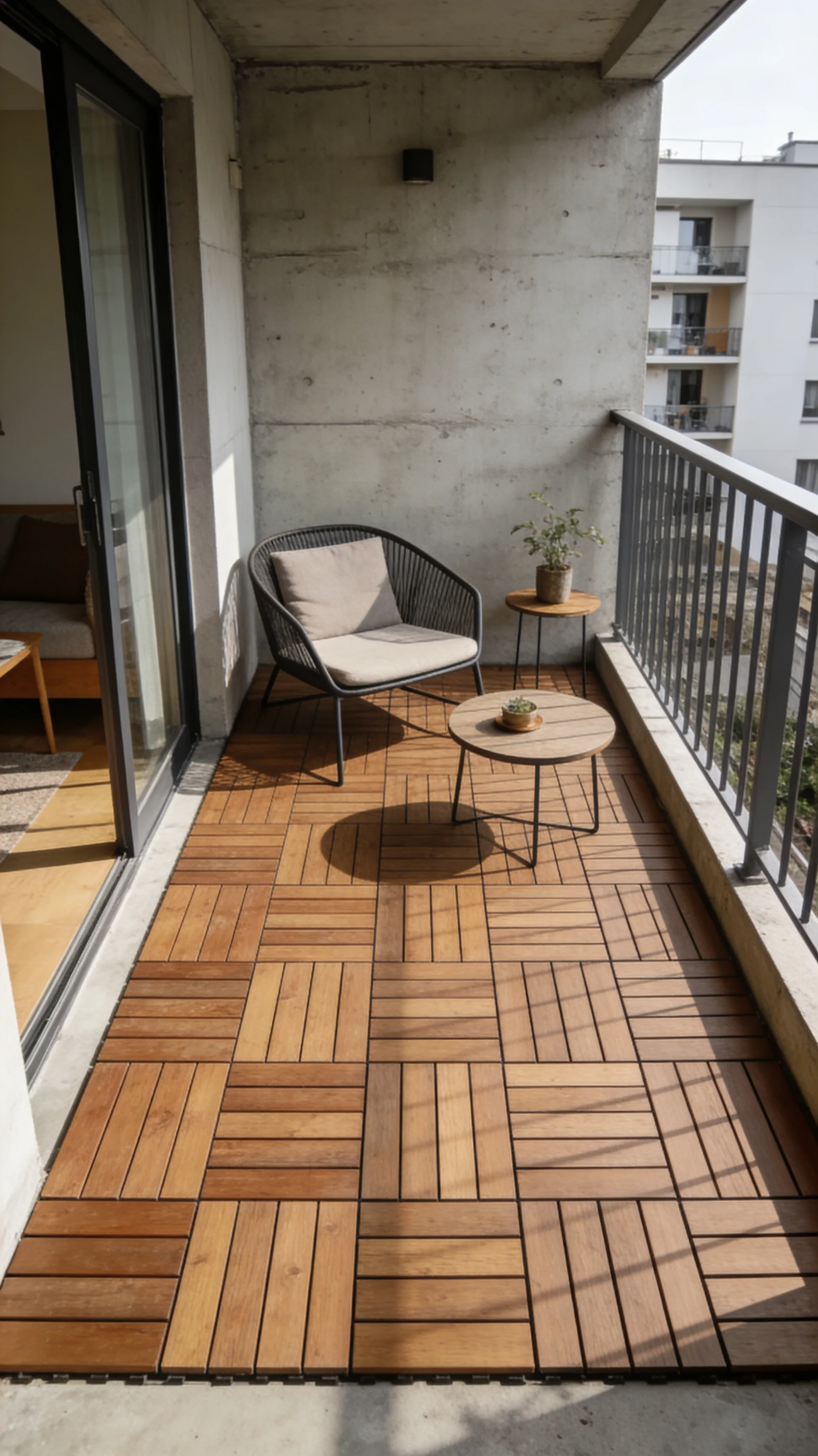 peel and stick deck tiles on apartment balcony