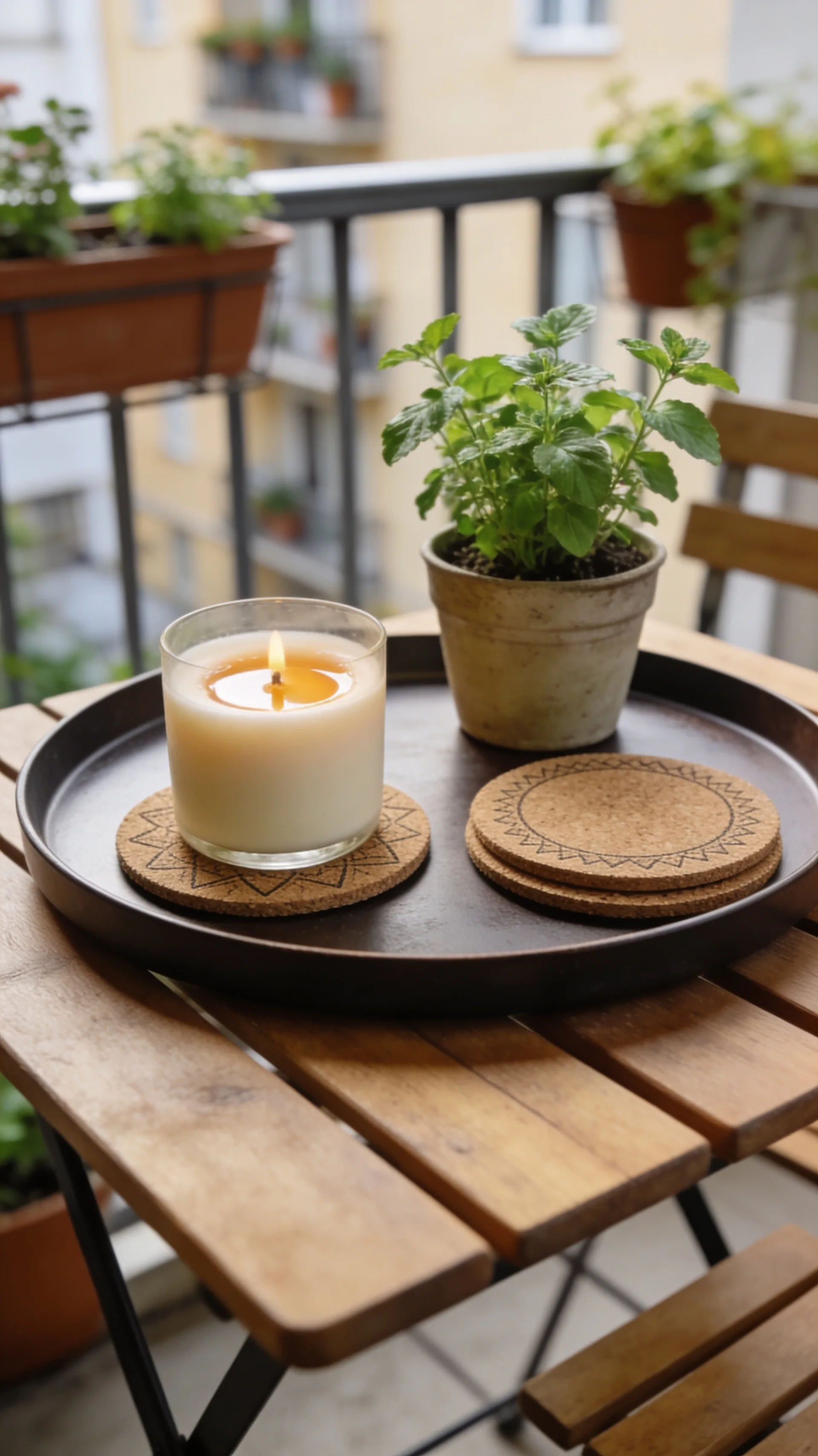 styled tray on apartment patio table