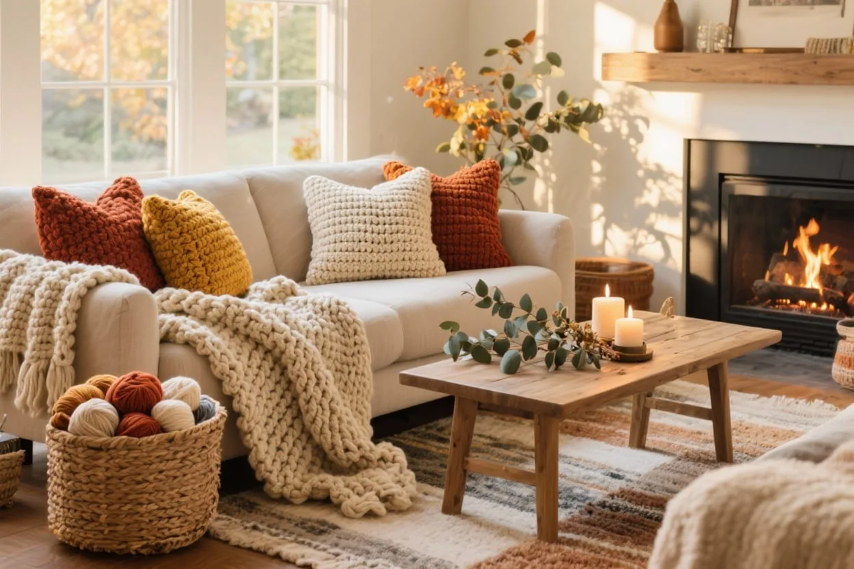 Cozy fall crochet projects, a chunky throw and crocheted pumpkins for a warm handmade autumn home