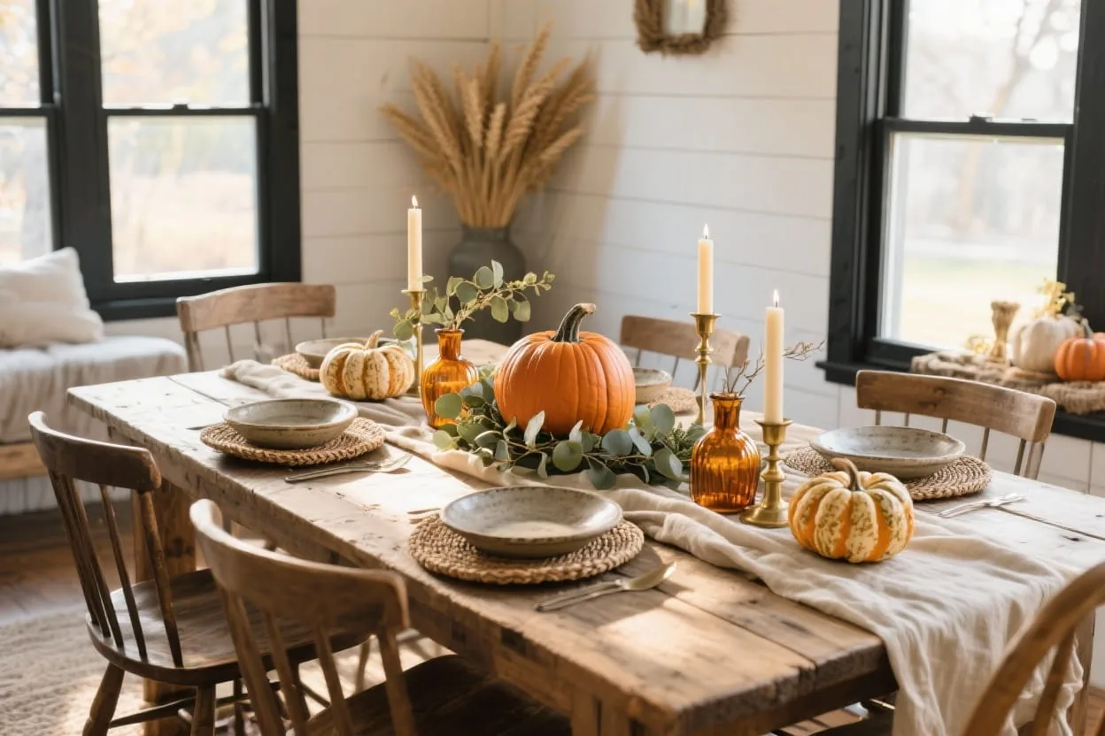 Farmhouse fall table decor with pumpkins, candles and warm rustic textures for a cozy autumn dining space