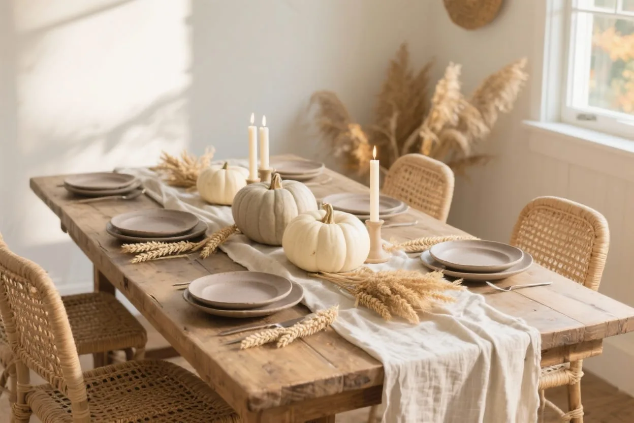 Neutral fall tablescape with linens, candles and cream pumpkins for a calm, elegant autumn table