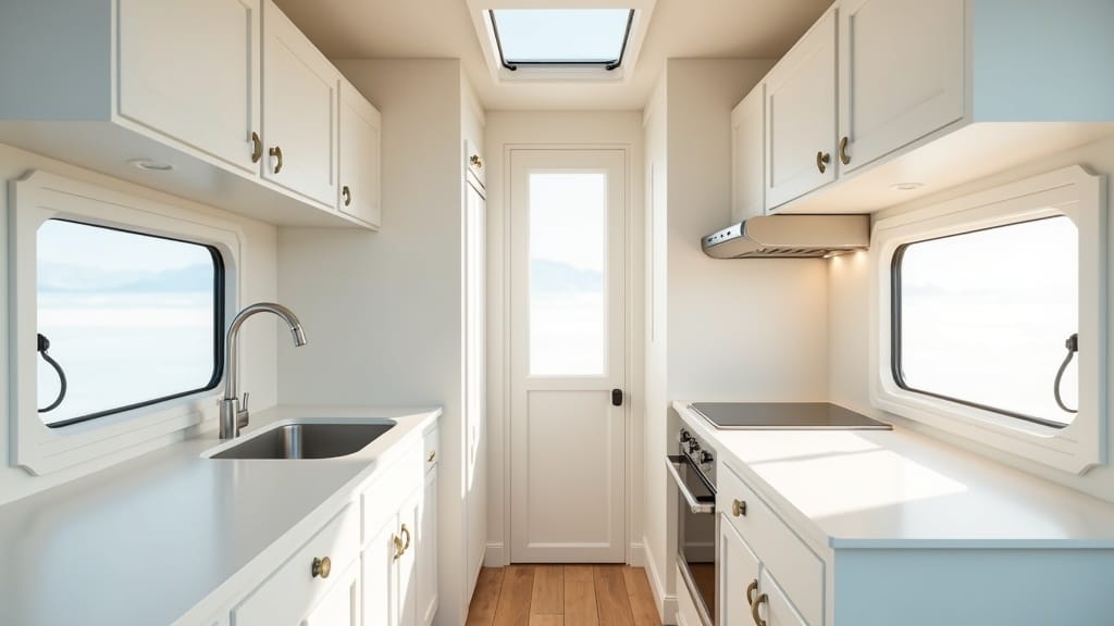 Camper interior with freshly painted white cabinets