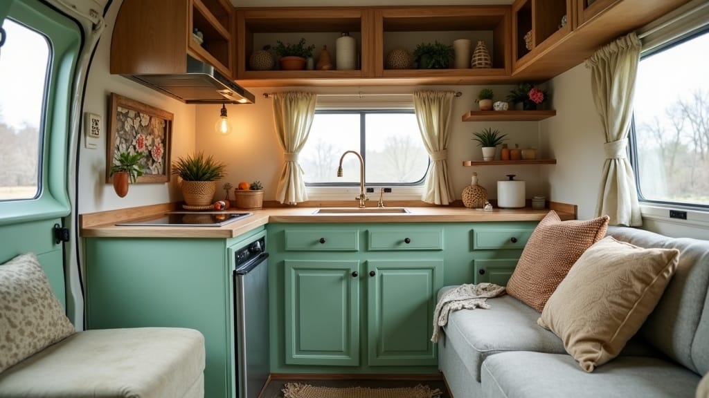 DIY camper van cabinet makeover in sage green paint