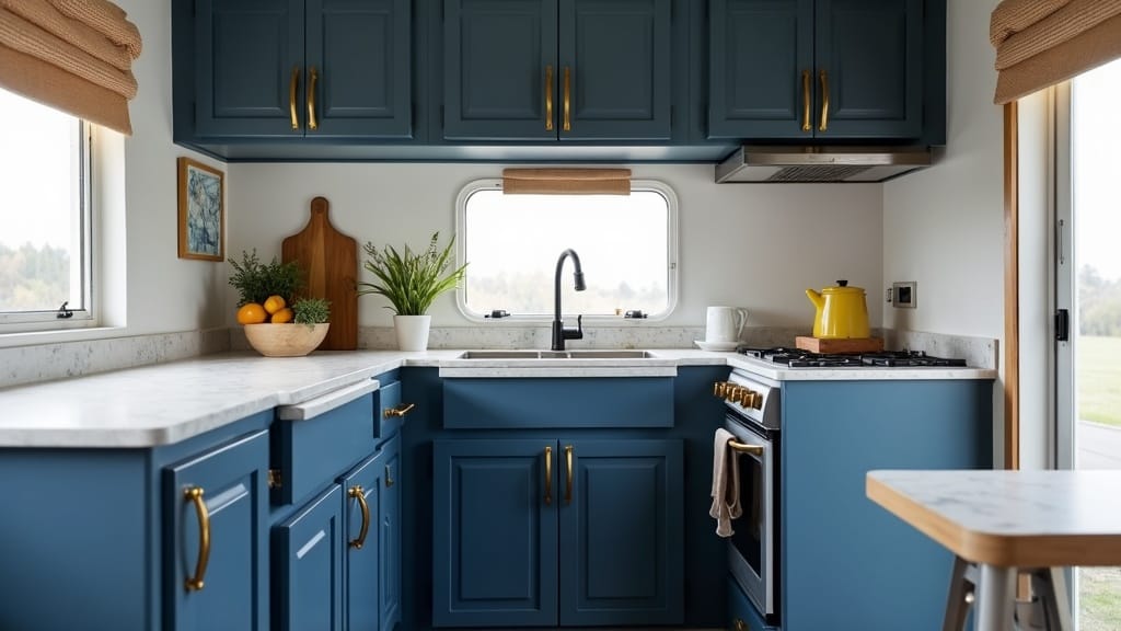 Renovated camper kitchen with navy blue painted cabinets