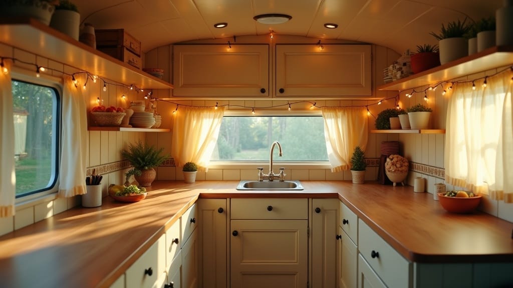 Camper interior painted cabinets in cream tone
