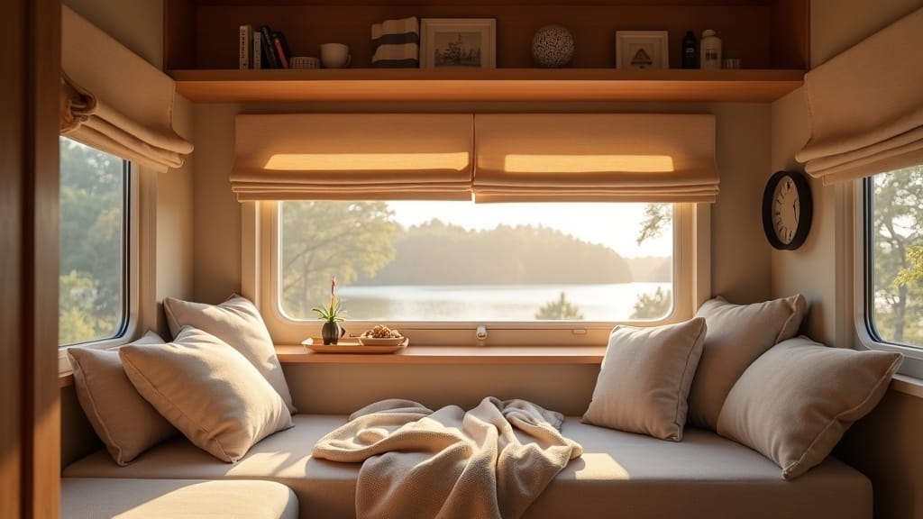 Camper interior with elegant Roman shades in neutral linen fabric