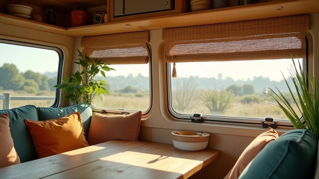 DIY camper van with bamboo roller shades on windows