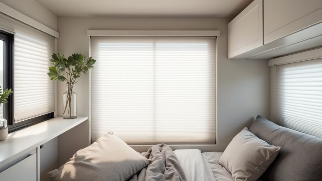 Renovated camper with blackout honeycomb shades