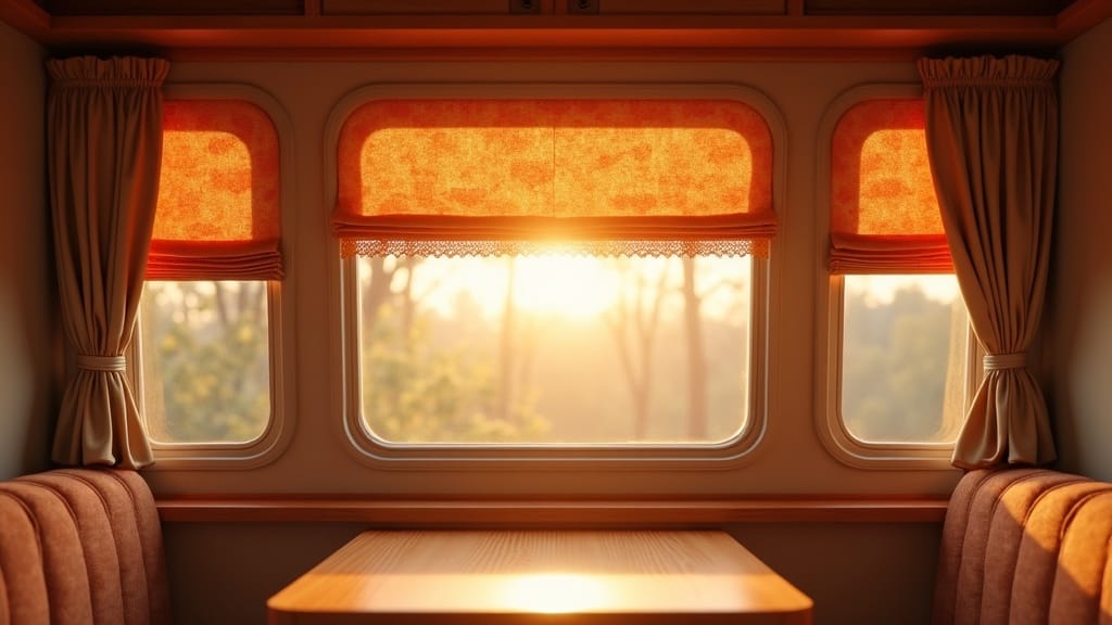 Camper window with patterned fabric shades in terracotta and cream