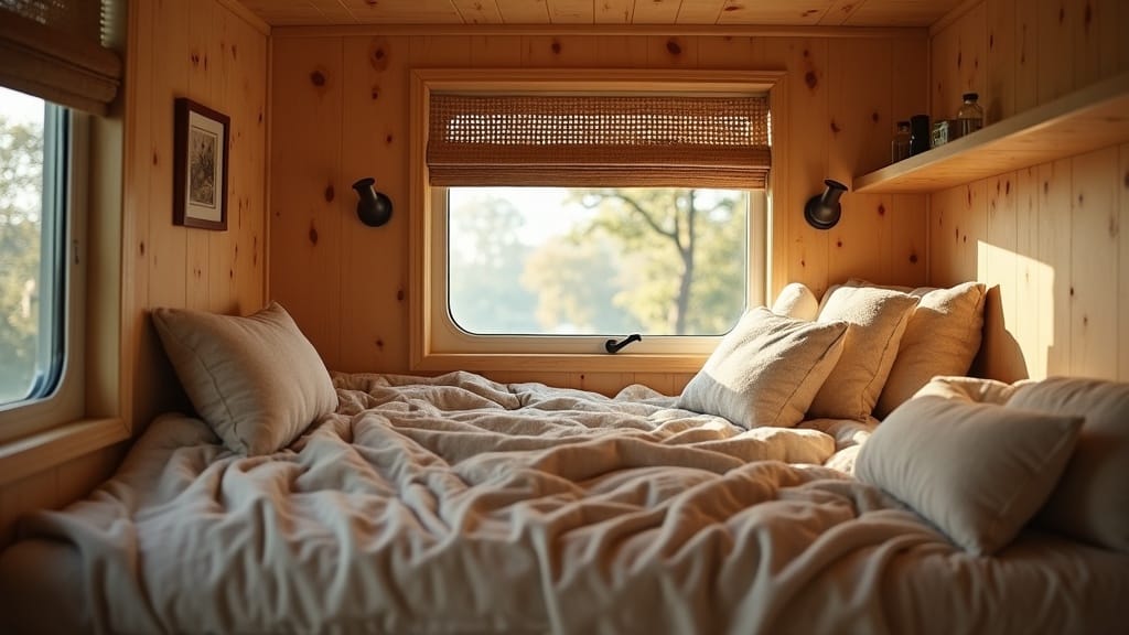 Small camper interior with woven wood shades