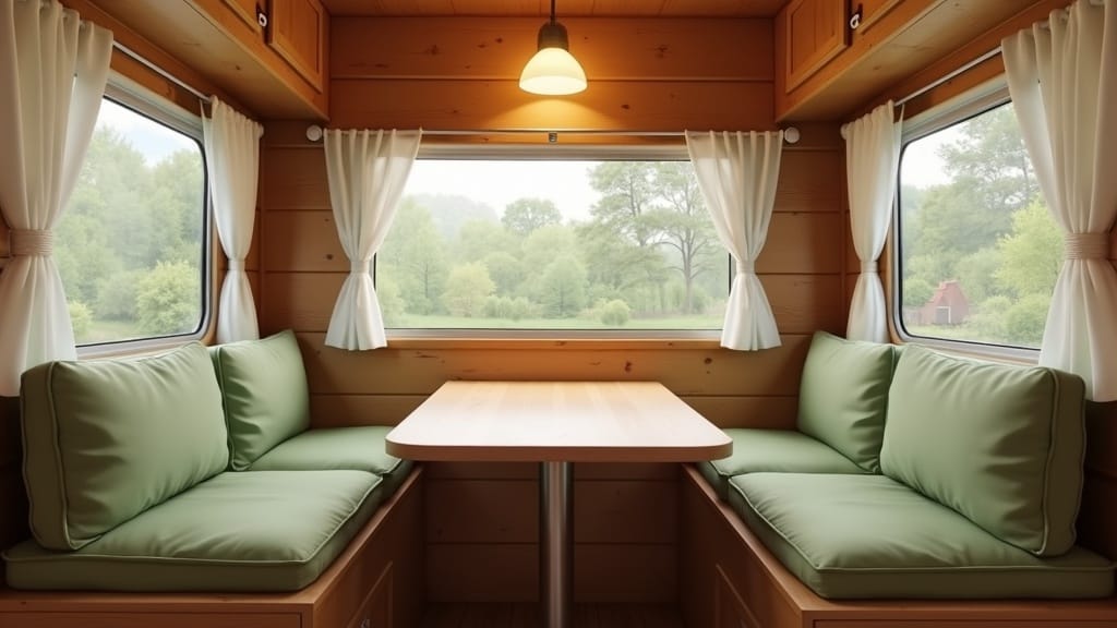 Cozy camper dining nook with built-in bench seating