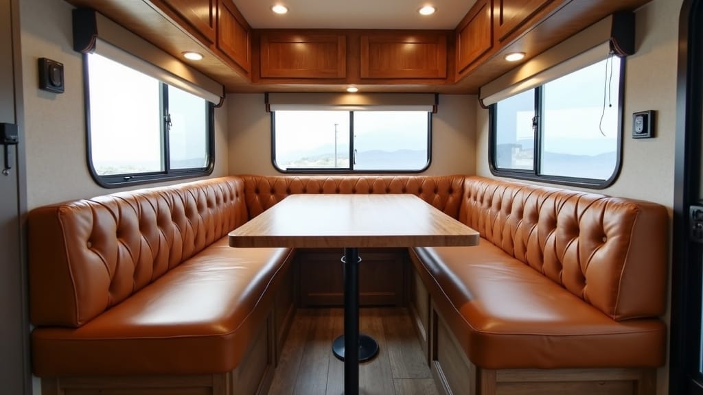Renovated camper dinette with tufted leather bench seats