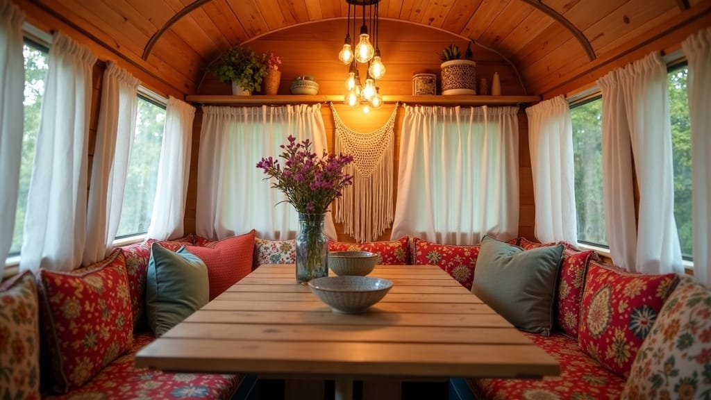 DIY camper dining area with colorful boho cushions