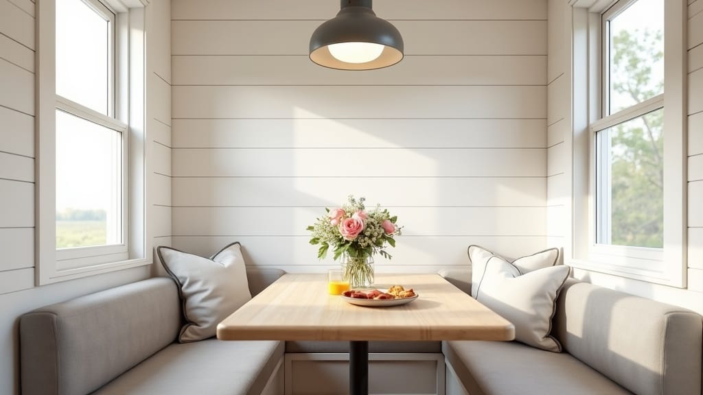 Compact camper breakfast nook with white shiplap walls