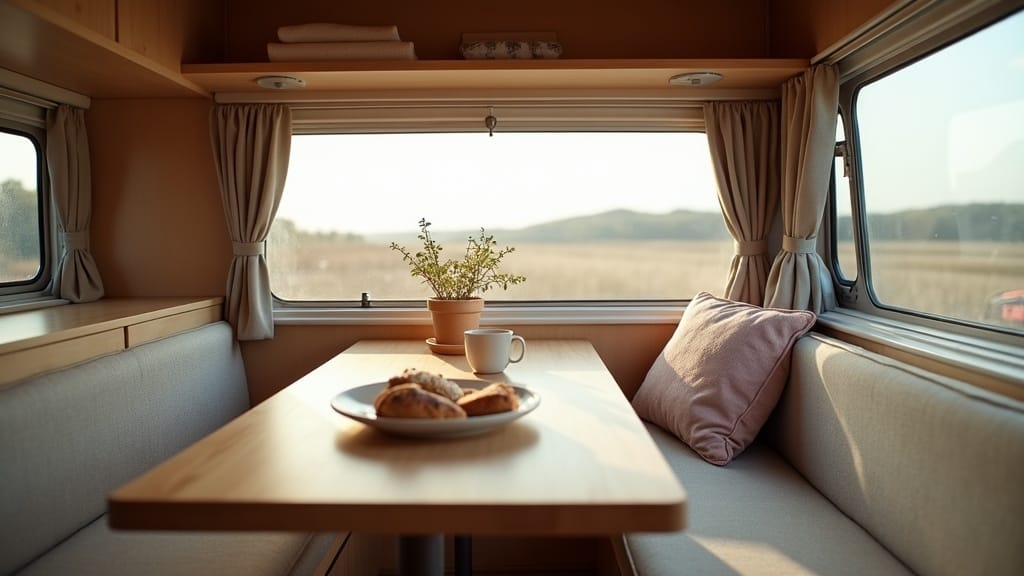 Camper van dining space with fold-down table